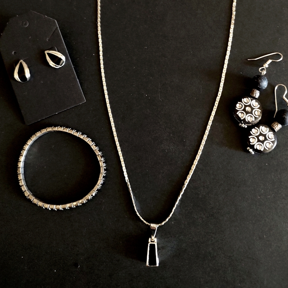 Black & Silver Necklace, Bracelet, and Two Pair Earrings